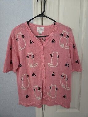 Christopher & Banks 2002 Pink Short Sleeved Cats Sweater Size Medium